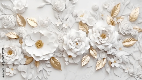 White gold flowers and leaves on white marble texture. 