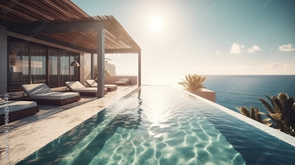 Fototapeta premium illustration of pool and villa resort or beach house. sun loungers on Sunbathing deck and private swimming pool with sea view at luxury villa resort