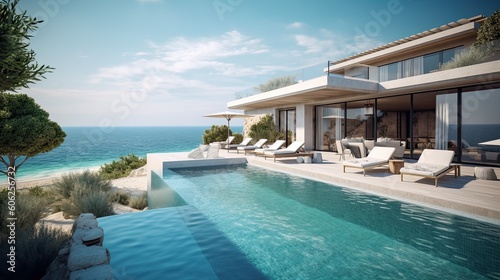 illustration of pool and villa resort or beach house. sun loungers on Sunbathing deck and private swimming pool with sea view at luxury villa resort