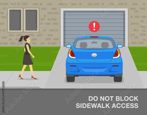 Outdoor parking tips and rules. Do not block sidewalk access when parking. Back view of an incorrect parked car in the driveway. Flat vector illustration template.
