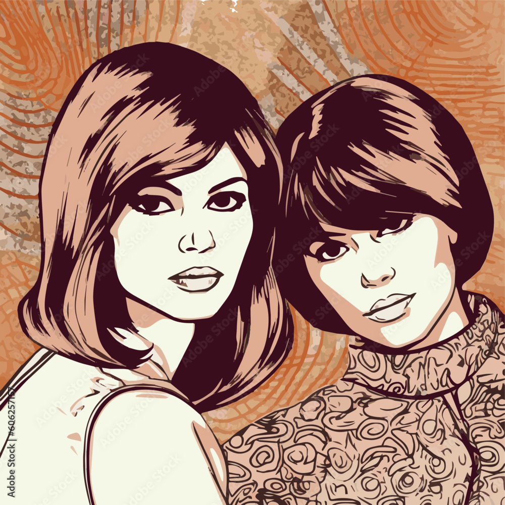 Vintage Sisterhood: Nostalgic Artwork Featuring Two Women in 60s Fashion