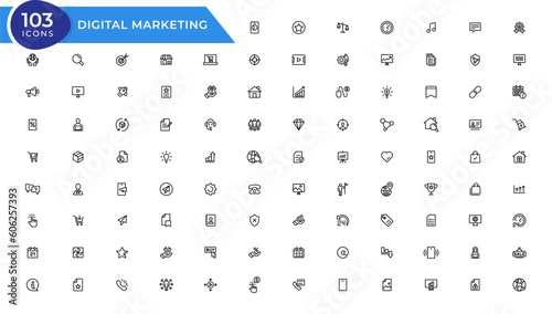 Digital Marketing web icons in line style. Social, networks, feedback, communication, marketing, ecommerce.