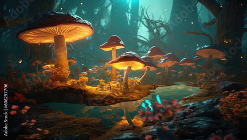 a mushroom forest with some colorful mushrooms, generative AI