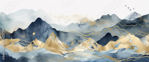 gold watercolor mountains seascapes in the blue sky backgrounds in the eps, generative AI