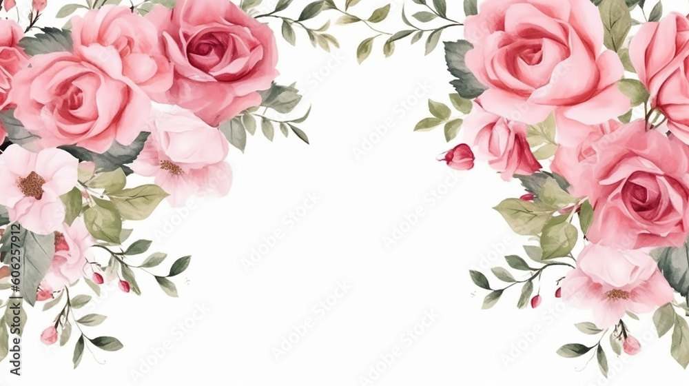 Floral wedding watercolor with beautiful roses frame . Generative AI