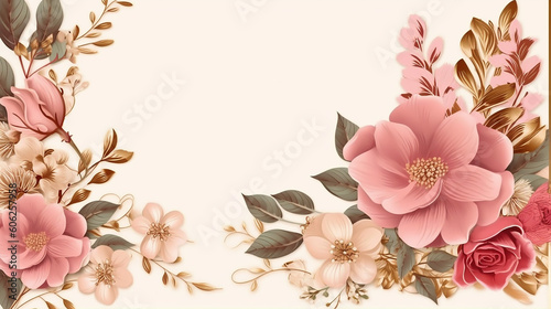 Gold frame with roses flowers and leaves floral wedding. Generative AI