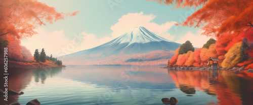 lake fuji and a mountain reflecting from autumn leaves, generative AI