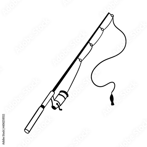 Fishing rod icon. Vector outline illustration. Spinning sketch.