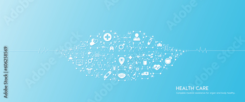 Mouth health care. Medical icons inside hexagons connected in the shape of the human mouth with white rate graph heart pulse. Organs icons on blue background. Medical care banner concept. Vector.
