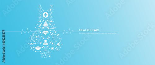 Thyroid gland health care. Medical icons inside hexagons connected in the shape of the human thyroid gland with white rate graph heart pulse. Organs icons on blue background banner. Vector.