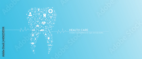 Tooth health care. Medical icons inside hexagons connected in the shape of the human teeth with white rate graph heart pulse. Organs icons on blue background banner. Vector.