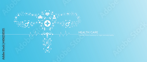 Female uterus health care. Medical icons inside hexagons connected in the shape of the human uterus with white rate graph heart pulse. Organs icons on blue background banner. Vector.