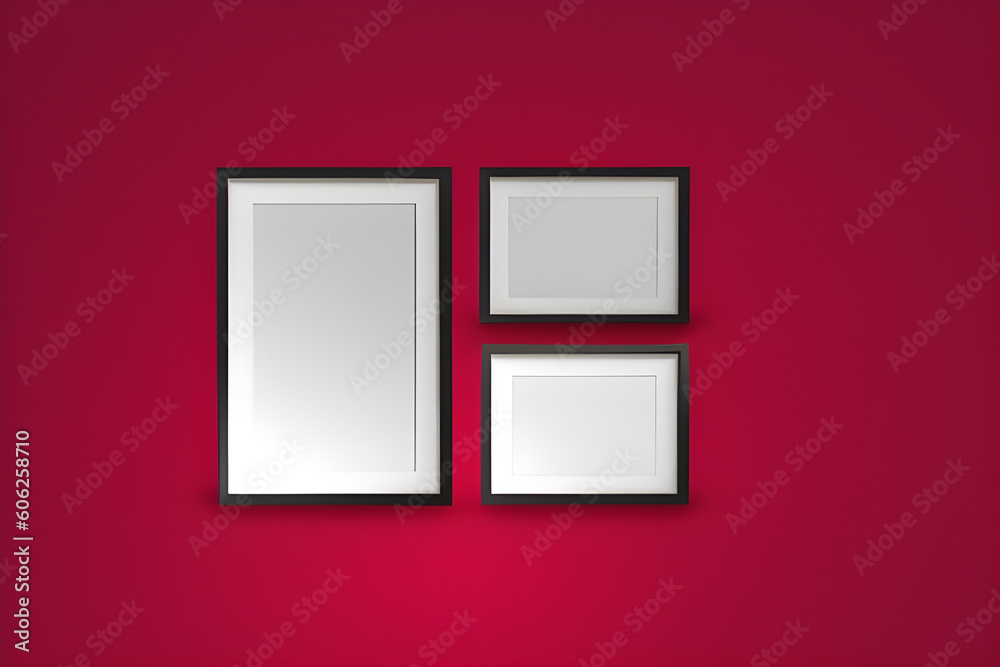 Empty Photo Frames On Red Wall Background Empty Photo Frames On Red Wall Background