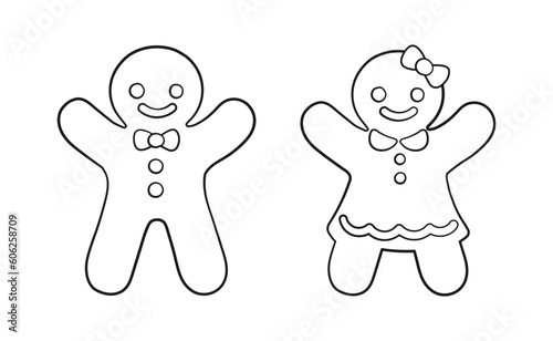 Holiday gingerbread of man, smiling girl in dress and boy with bow and buttons outline vector illustration. Coloring book page activity for kids.