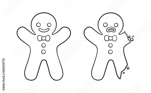 Cartoon gingerbread man whole and with head bite outline. Funny Christmas cookie vector illustration. Coloring book page activity for kids.