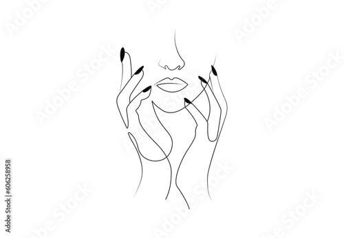 One line drawing abstract woman face with hands vector illustration. Stylized female face Modern single line art. Woman beauty fashion concept, minimalistic style. Design for logo, poster. Pro vector. photo
