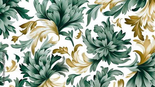 Elegant floral pattern with green and gold leaves on white background. 
