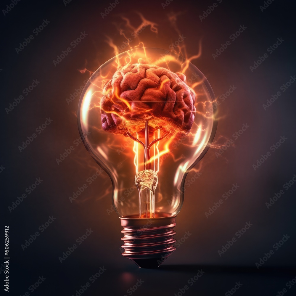 Lamp bulb with human brain on dark background, AI generated. Lamp bulb with human brain on dark background, AI generated.