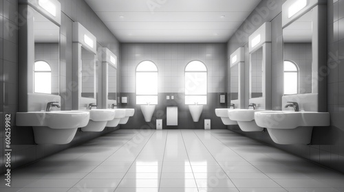 Modern public bathroom with row of white ceramic wash sink basins and faucet with mirror in the restroom  AI generated.
