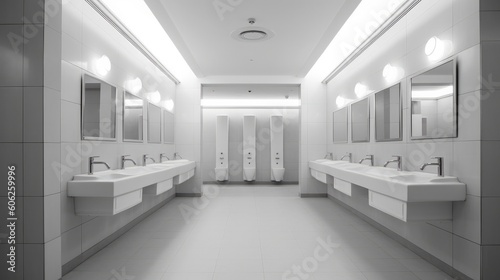 Contemporary Interior of bathroom with sink basin faucet lined up,Modern design, AI generated.