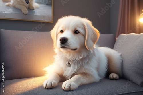 golden retriever puppy sitting on sofa, generative ai