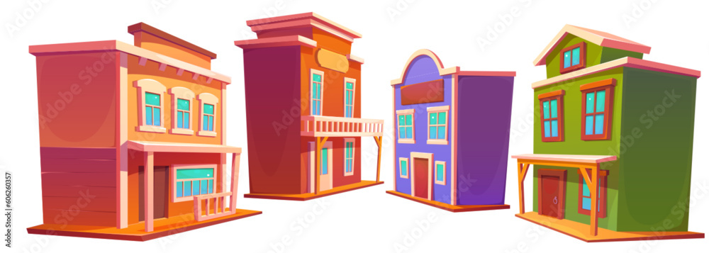 Wild west retro building street in old town cartoon vector set. Western saloon and bank house on white background. Isolated texas rural wood hotel with window clipart illustration game scenery. Wild west retro building street in old town cartoon vector set. Western saloon and bank house on white background. Isolated texas rural wood hotel with window clipart illustration game scenery.