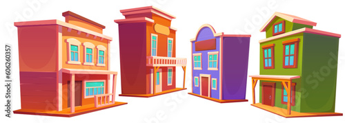 Wild west retro building street in old town cartoon vector set. Western saloon and bank house on white background. Isolated texas rural wood hotel with window clipart illustration game scenery.