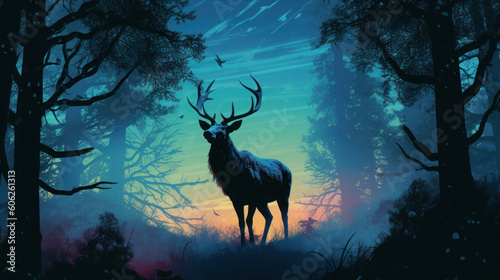 The silhouette of a stag standing at the edge of a dense forest  its majestic antlers etched against the soft glow of the moon.