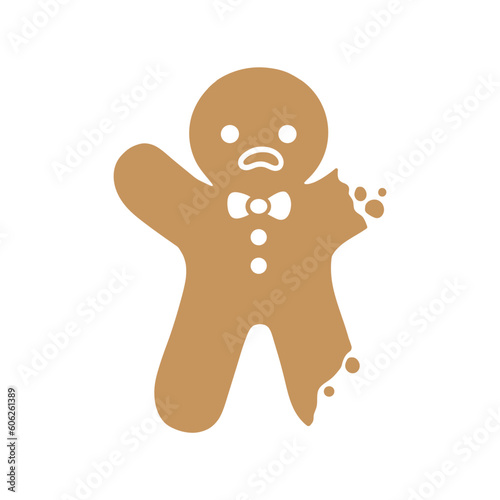 Sad gingerbread man with bite, broken arm and leg. Christmas icon. Vector. Holiday winter symbols flat design.