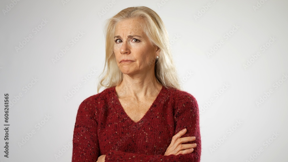 Shake head No, dismiss idea, do not like proposal, upset mature woman reacting to unpleasant bad idea, dissatisfied with bad quality, isolated on white background with copy space. Shake head No, dismiss idea, do not like proposal, upset mature woman reacting to unpleasant bad idea, dissatisfied with bad quality, isolated on white background with copy space.