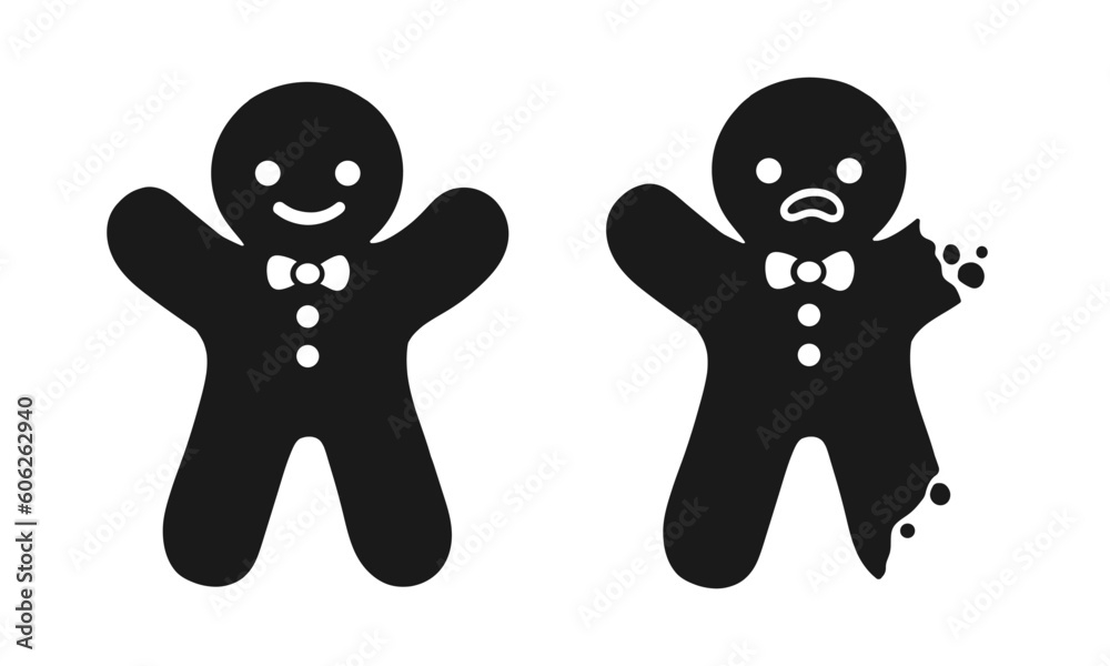 Sad gingerbread man whole and with bite icon. Simple funny illustration of gingerbread man vector silhouette for web design. - obrazy, fototapety, plakaty 