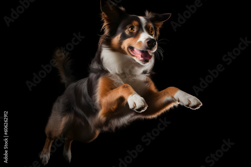 Border Collie dog jumping isolated black background studio shot