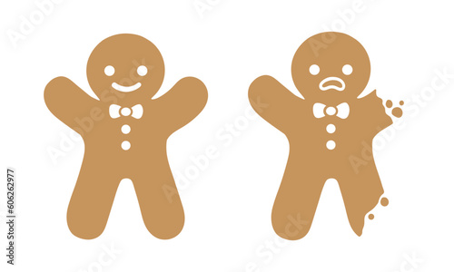 Sad gingerbread man whole and with bite, broken arm and leg. Christmas icon. Vector. Holiday winter symbols flat design.