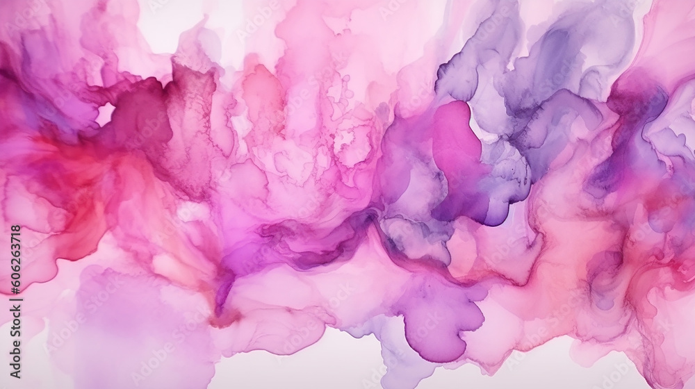 Abstract purple art with pink and gold violet background with beautiful smudges and stains made with alcohol ink. Pink fluid texture resembles marble, flowers, butterfly, watercolor or aquarelle.