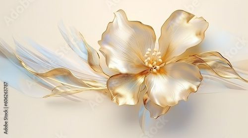 Alcohol ink art with light golden botanical leaf and floral for invitation paper generative AI technology.  © Aura