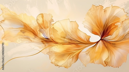 Alcohol ink art with light golden botanical leaf and floral for invitation paper generative AI technology. 