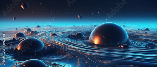 Wallpaper background of abstract swirly blue multi layered whirlpools and spherical bubbly liquid metal ocean waves with eroded texture - generative AI