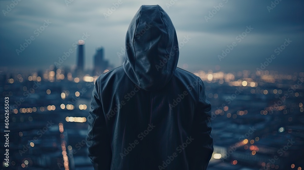 A faceless thief in unrecognizable hoodie standing in the middle of the night in front of the city concept. Generative Ai. A faceless thief in unrecognizable hoodie standing in the middle of the night in front of the city concept. Generative Ai.