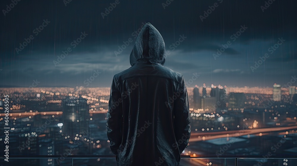 A faceless thief in unrecognizable hoodie standing in the middle of the night in front of the city concept. Generative Ai. A faceless thief in unrecognizable hoodie standing in the middle of the night in front of the city concept. Generative Ai.