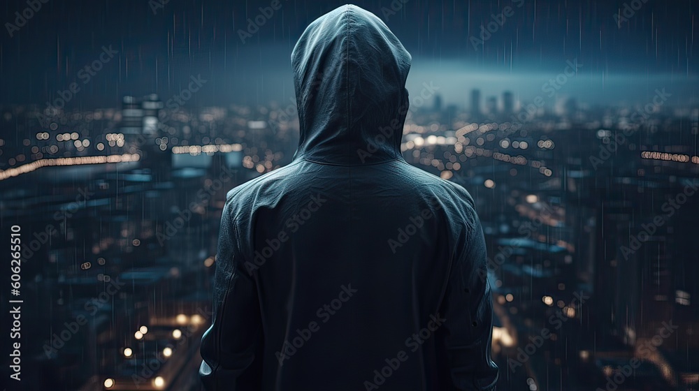 A faceless thief in unrecognizable hoodie standing in the middle of the night in front of the city concept. Generative Ai. A faceless thief in unrecognizable hoodie standing in the middle of the night in front of the city concept. Generative Ai.