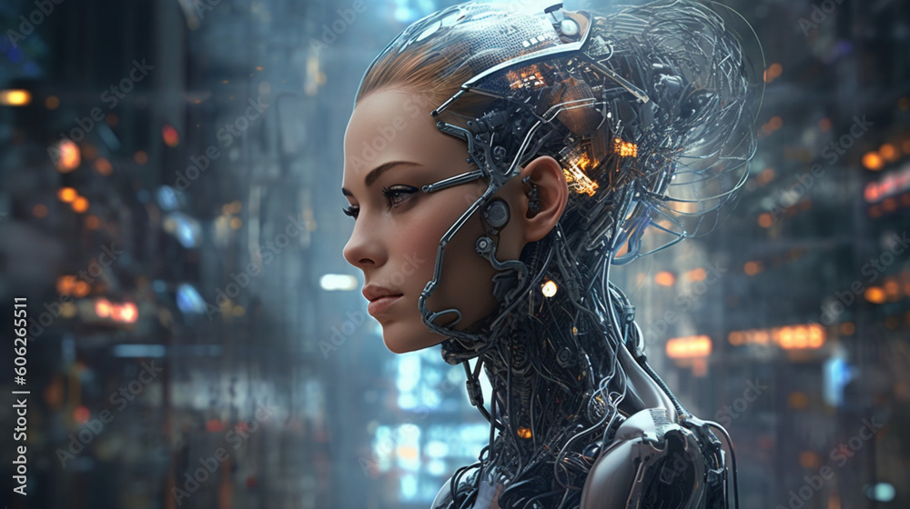 Cyborg woman face. Character 3d rendering. Cyberpunk girl warrior. Human robot technology concept. Cyborg woman face. Character 3d rendering. Cyberpunk girl warrior. Human robot technology concept.