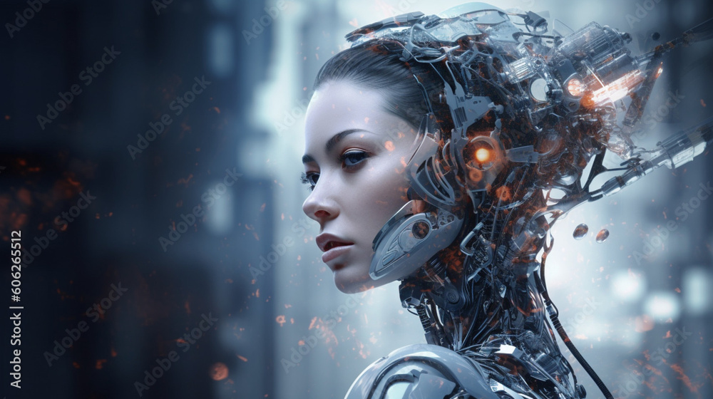 Cyborg woman face. Character 3d rendering. Cyberpunk girl warrior. Human robot technology.