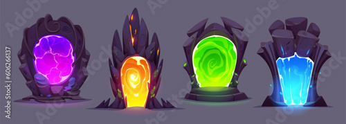 Magic gate portal door ui futuristic game cartoon set. Green and blue teleport frame to fantastic parallel world. Wizard mysterious glowing entrance to travel through purple or yellow gateway hole