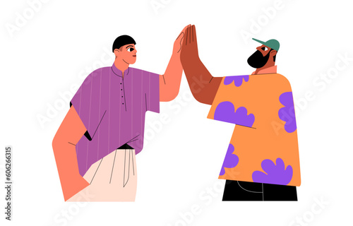 Men friends giving high five, slapping palms. Guys meeting, greeting with informal hi gesture, saying hello. Interracial male characters. Flat vector illustration isolated on white background