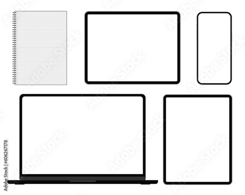 Mockup, notebook, laptop, tablets, smarphone on white background vector eps 10