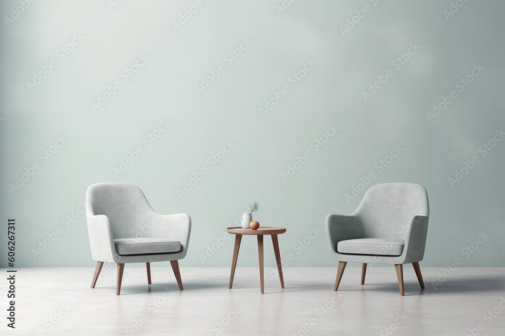 Two Armchair with single table isolated on pastel background. Generative ai Two Armchair with single table isolated on pastel background. Generative ai