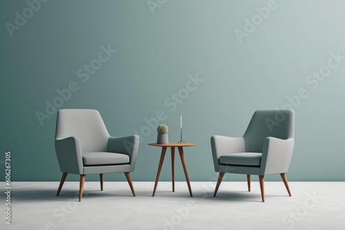 Two Armchair with single table isolated on pastel background. Generative ai