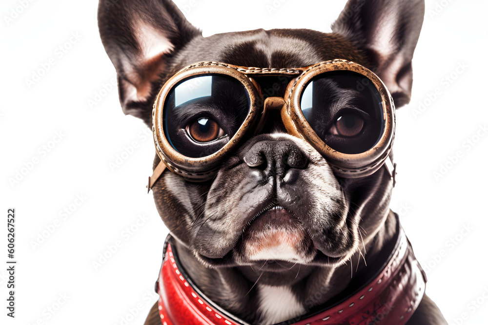 French Bulldog wearing vintage pilot goggles portrait studio shot