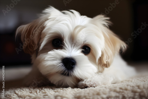Maltese Terrier dog lying on rug portrait studio shot