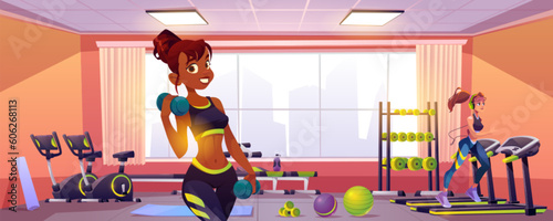 Active women exercising in gym. Vector cartoon illustration of fit girls running on threadmill, doing dumbbell exercise and smiling. Sports club interior with equipment for training. Healthy lifestyle
